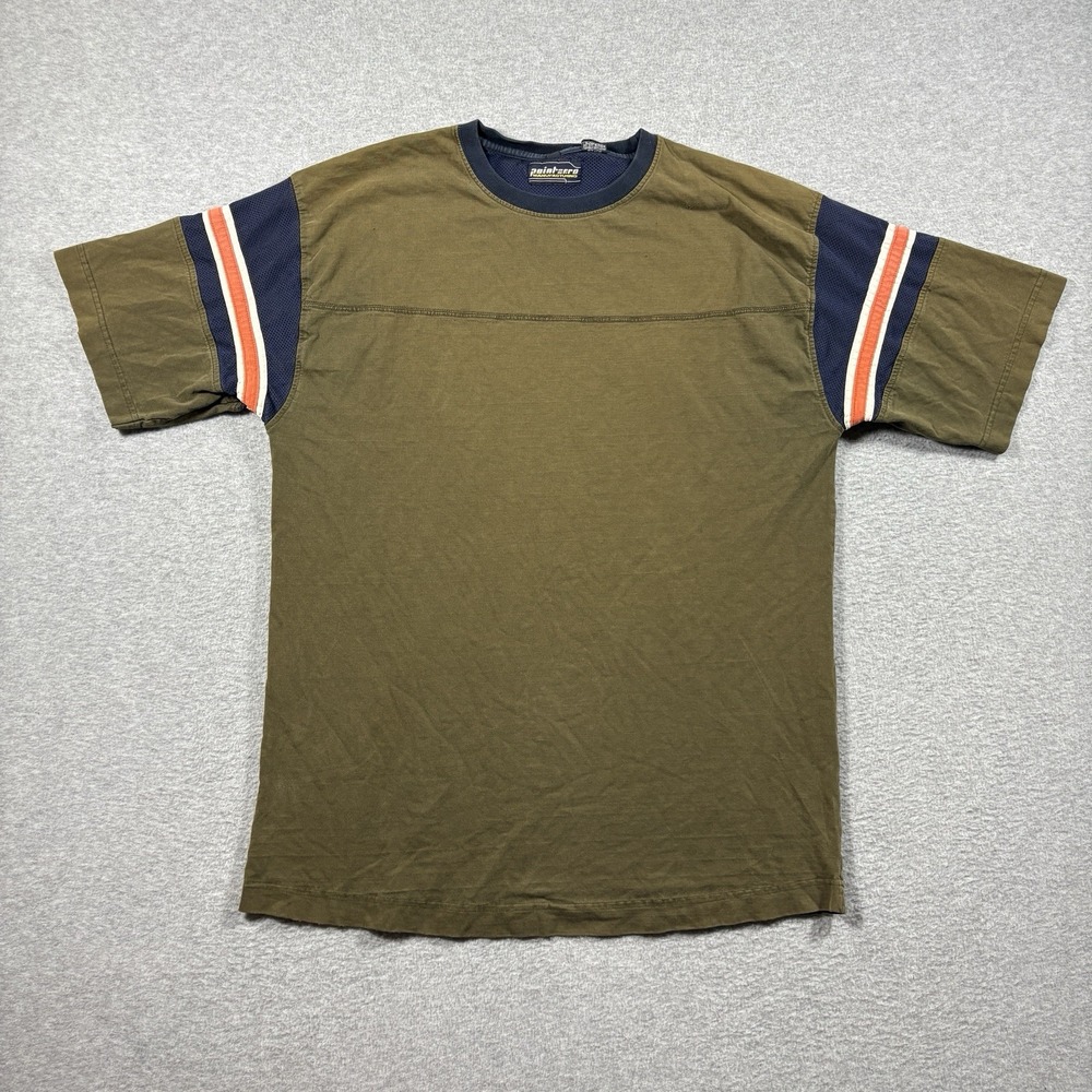 Vintage Y2K Point Zero T Shirt Mens Large Olive Green Mesh Sleeve Striped Skater